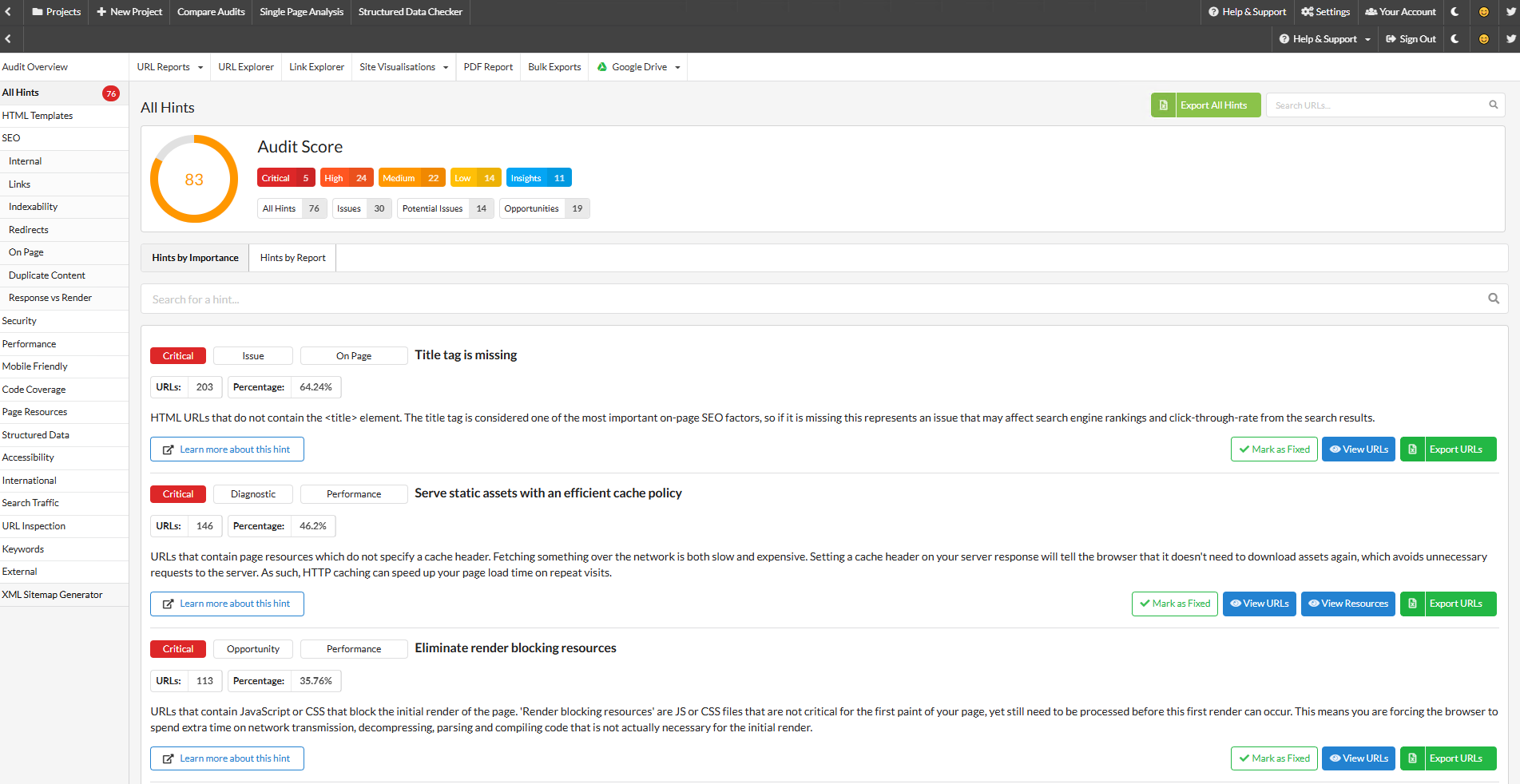 Sistema de hints de Sitebulb